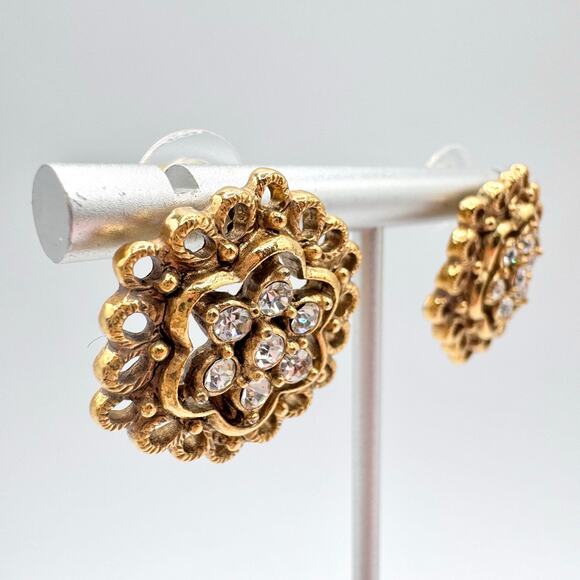 Vintage 1928 Crystal Rhinestone Filigree Lace Openwork Romantic Stud Earrings - Picture 5 of 9